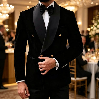 2 Pieces Black Velvet Suits for Men Shawl Lapel Double Breasted Blazer Pants Wedding Groom Tuxedos Men Outfits for Party Prom