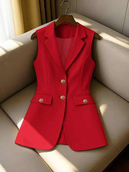 Women's Longline Blazer Vest Sleeveless Notched Lapel Suit Waistcoat with Gold Buttons for Business Office Outerwear Top