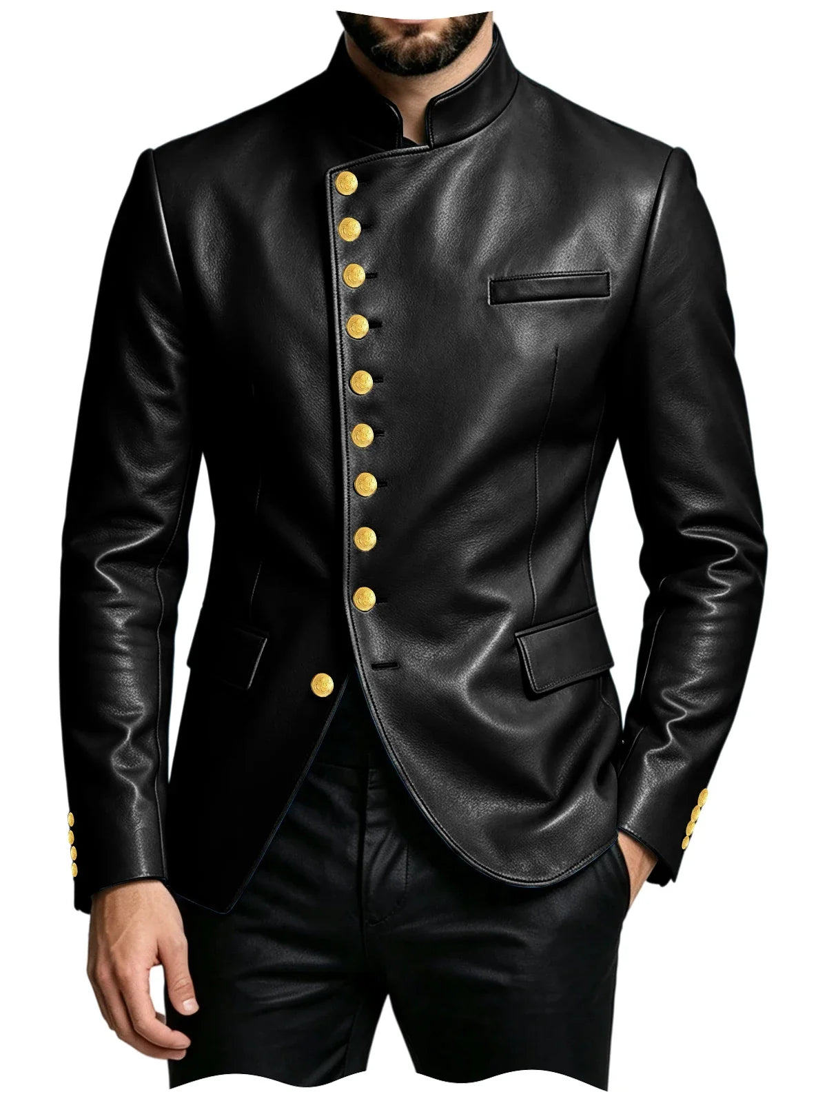 Luxury PU Men's Suit Blazer Single Breasted Stand Collar Slim Fit Leather Jacket Vintage High Quality Business Party Male Tuxedo