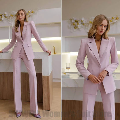 Women's Suit Single Button Blazer and Pants Set Long Sleeves Peak Lapel 2 Piece Slim Office Formal Party Elegant Lady Outfit