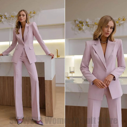 Women's Suit Single Button Blazer and Pants Set Long Sleeves Peak Lapel 2 Piece Slim Office Formal Party Elegant Lady Outfit
