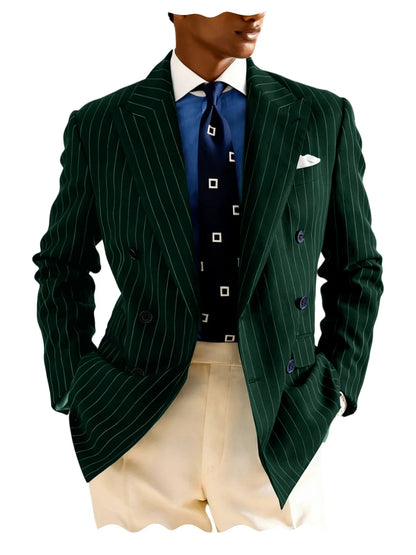 Navy Blue Striped Pattern Business Suit Jacket Double Breasted Slim Fit Blazer Casual Formal Attire Office Groom's Wedding Dress