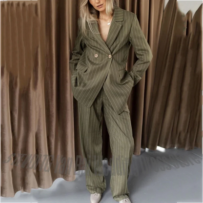 Double Breasted Women's Two Piece Suit Loose Casual Wide Leg Pants Office Commuter Fashion Street Style Daily Blazer Set