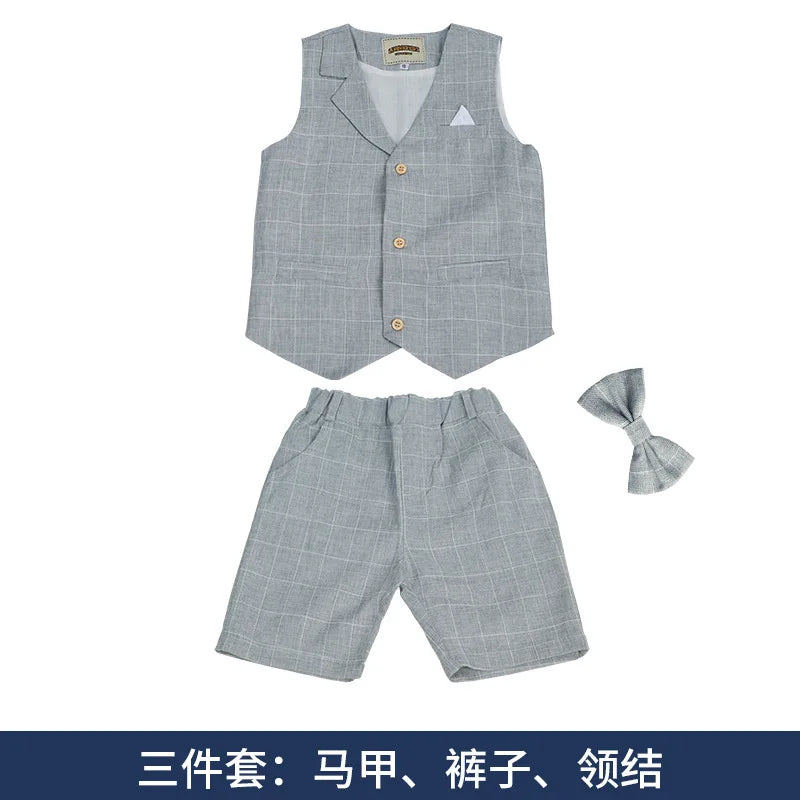 Baby Boys Formal Birthday Photograph Suit Kids Vest Shirt Pants Bowtie Wedding Dress Teenager Suit Children Graduation Costume