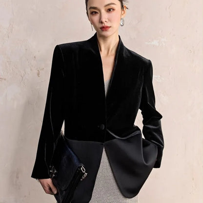 One Button Velvet Spliced Women Blazers Contrast Color Suit Jacket V-Neck Work Lady Loose Fit Outerwear Long Sleeve Autumn Coat