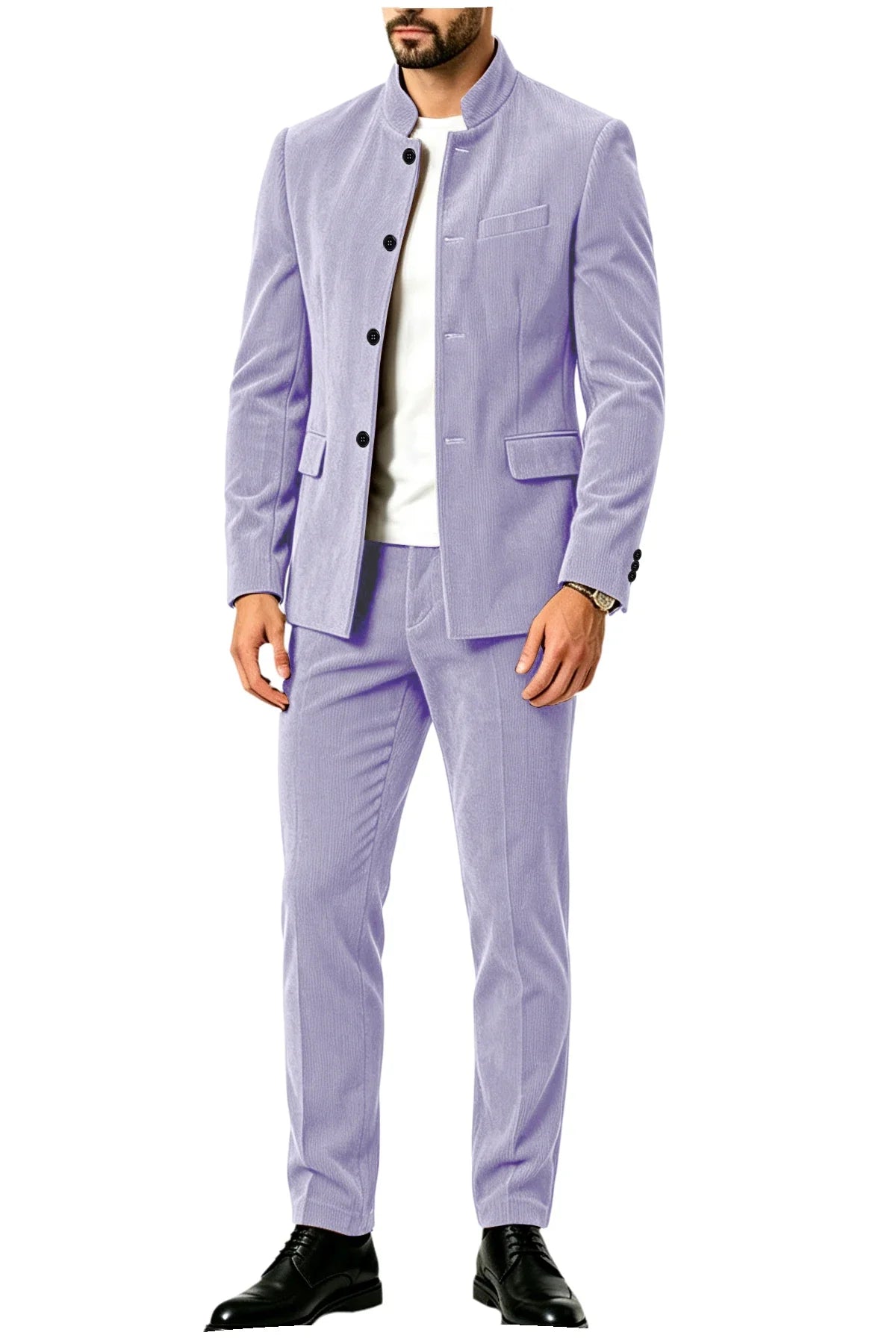 Men's Corduroy 2-Piece Suit – Mandarin Collar Single Breasted Blazer & Pants for Business & Formal Occasions