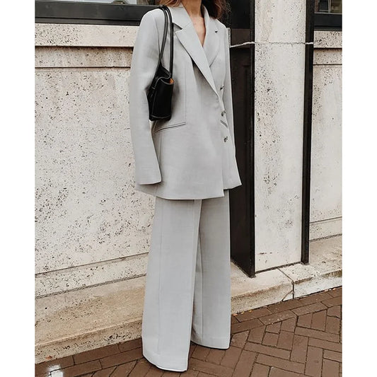 Elegant Grey Double Breasted Women Pants Set High-end Female Two Pieces(Jacket+Trousers)أطقم بناطيل
