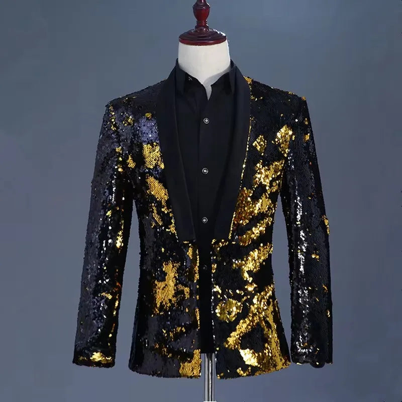 Men's Double-Sided Sequin Tuxedo Blazer Fashion Glitter Suit Jacket Prom Evening Party Host Stage Nightclub Male Singer Costume