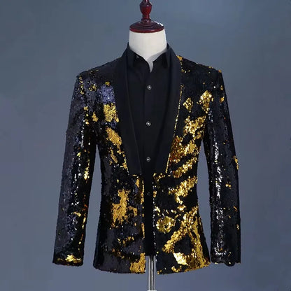Men's Double-Sided Sequin Tuxedo Blazer Fashion Glitter Suit Jacket Prom Evening Party Host Stage Nightclub Male Singer Costume