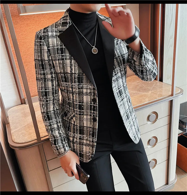 British Style Woven Suit Jacket Men Fashion Plaid Casual Business Blazer Gentleman Versatile Banquet Party Groom Wedding Coats