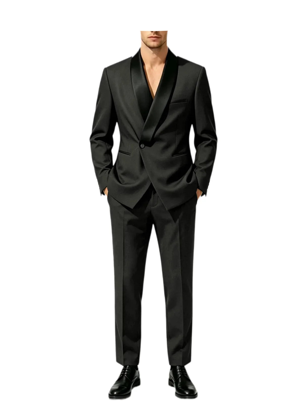 Men's Slim Fit Tuxedo Suit with Black Satin Shawl Lapel – 2-Piece Blazer & Pants for Wedding, Prom & Formal Events