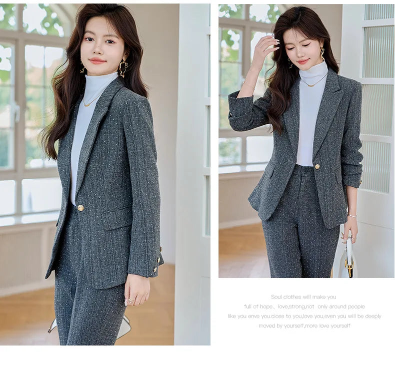 Fashion Women Suits 2024 New Autumn Winter Temprament Business Formal Slim Blazer And Flare Pants Office Ladies Work Wear