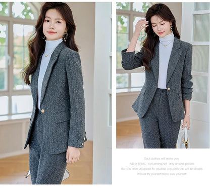 Fashion Women Suits 2024 New Autumn Winter Temprament Business Formal Slim Blazer And Flare Pants Office Ladies Work Wear
