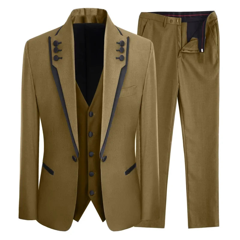 Men Suit 3 Piece Gray Single Button With Black Ruffle For Wedding Groom Banquet Birthday Work Tuxedo Jacket Vest With Pants