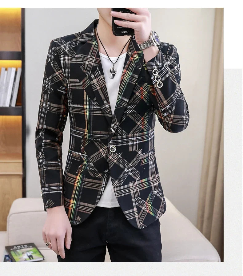 Blazer New Men's Fashion Business Plaid Gentleman Slim Fit Shopping Outdoor Performance Wedding Banquet Casual Blazer