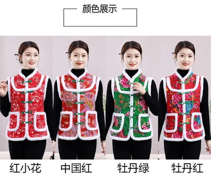 Middle-aged Mother Add Velvet Warm Vest Coat Autumn Winter New Printed Fleece Sleeveless Jacket Grandma Thicken Warm Waistcoat