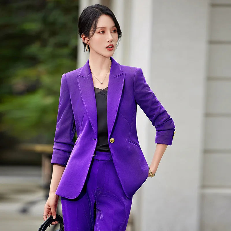Office Ladies Formal Pant Suit 2 Piece Set Women Green Khaki Red Female Long Sleeve Business Work Wear Blazer Jacket And Trouser