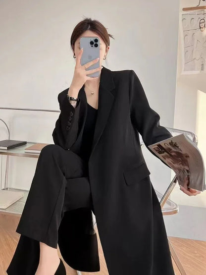 Elegant Women's Basic Solid Color Single Breasted Loose Casual Long Suit Jacket 2025 Spring Autumn Premium Trench Black Coat