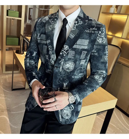 2024 Autumn Winter Jacquard Denim Suit Jacket for Men Fashion Business Casual Blazers Streetwear Social Men Clothing