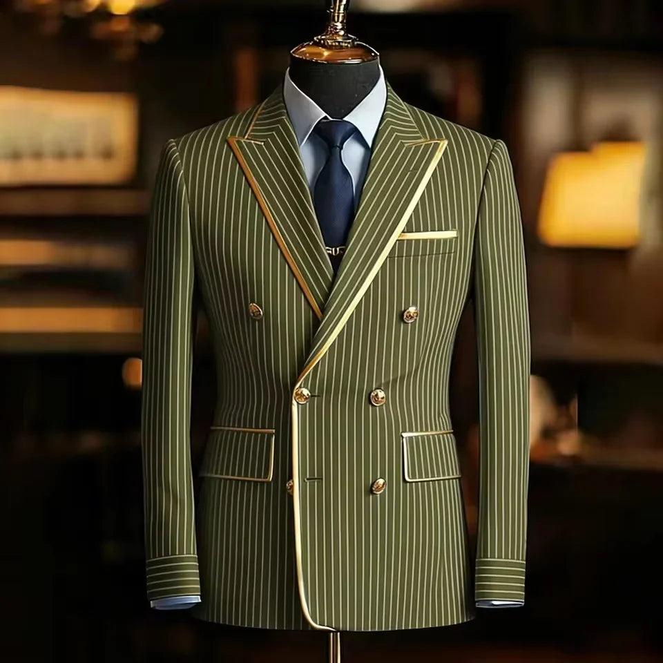 Pinstripe Double Breasted Peak Lapel Mens Suit Jacket Business Slim Fit Gold Trim Striped Coat Formal Wedding Prom Banquet Party