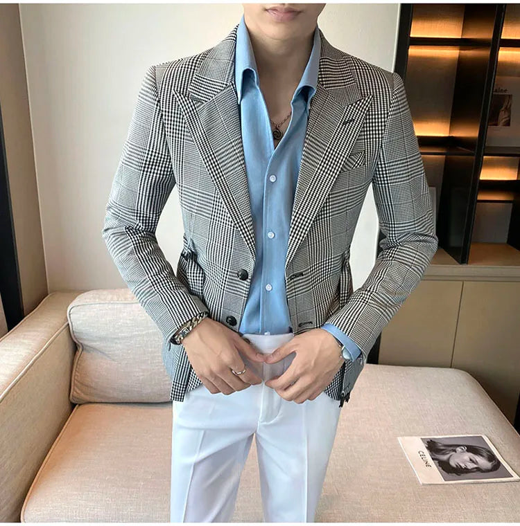 2025 Autumn Winter Classic Checkered Suit Jacket for Men Belt Decoration Slim Fit Casual Business Blazers Social Party Jacket