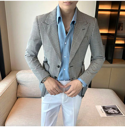 2025 Autumn Winter Classic Checkered Suit Jacket for Men Belt Decoration Slim Fit Casual Business Blazers Social Party Jacket