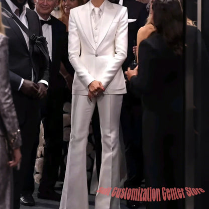 Women's White Satin Tailored Suit Set Slim Fit Jacket+Vest+Pants Formal Three-Piece Outfit for Prom Elegant Evening Party Wear