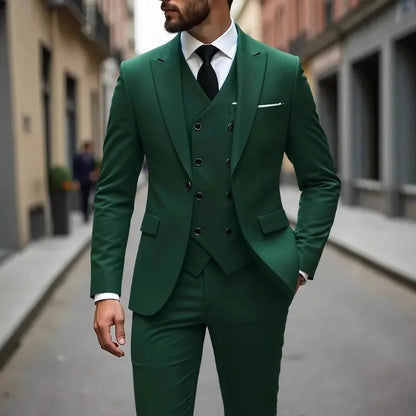 Solid Business Mens Suits Wedding Tuxedos Fashion Groom Outfit Slim Fit Peaked Lapel Prom Party Mens Suits(Jacket+Vest+Pants)