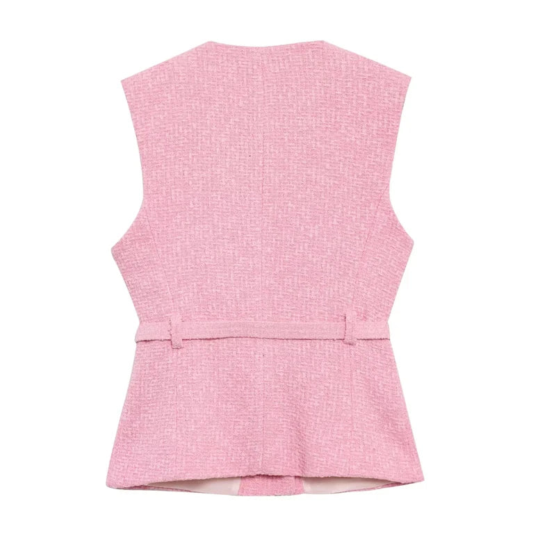 2025 Women's Vest Jackets Cropped Sleeveless Vest Woman Outerwears Belt Summer Casual Coats Black Pink Vest Button Jacket