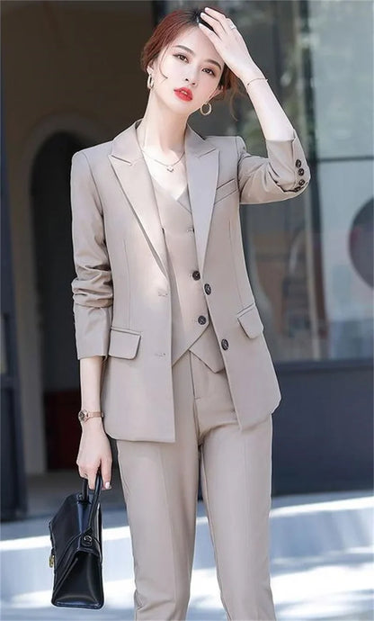 Lady Solid Lapel Blazer Suit Full Sleeve V-neck Single Breasted Straight Leg Pants Suits 2026 Fashion New Office Commute Outfit