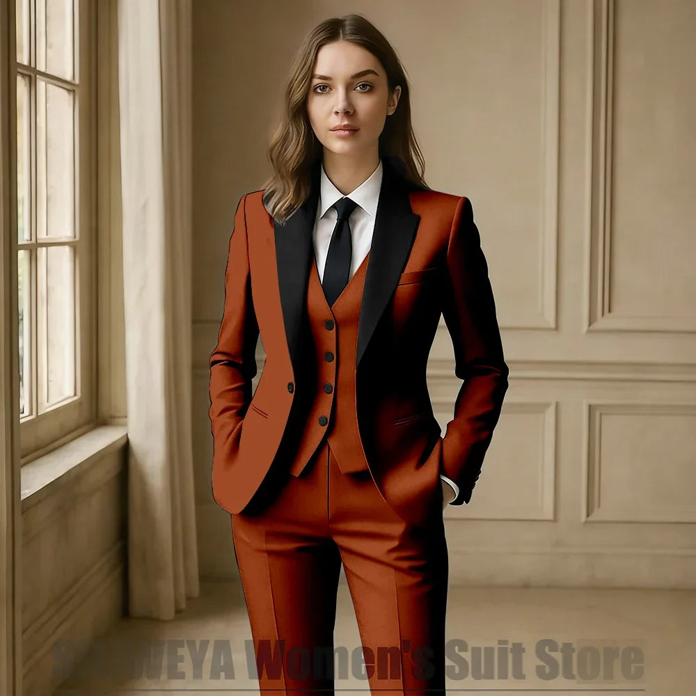 Women Royal Blue 3 Piece Tuxedo Suit Blazer Vest Pants with Black Lapel Slim Fit Formal Party Business Office Outfit