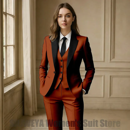 Women Royal Blue 3 Piece Tuxedo Suit Blazer Vest Pants with Black Lapel Slim Fit Formal Party Business Office Outfit