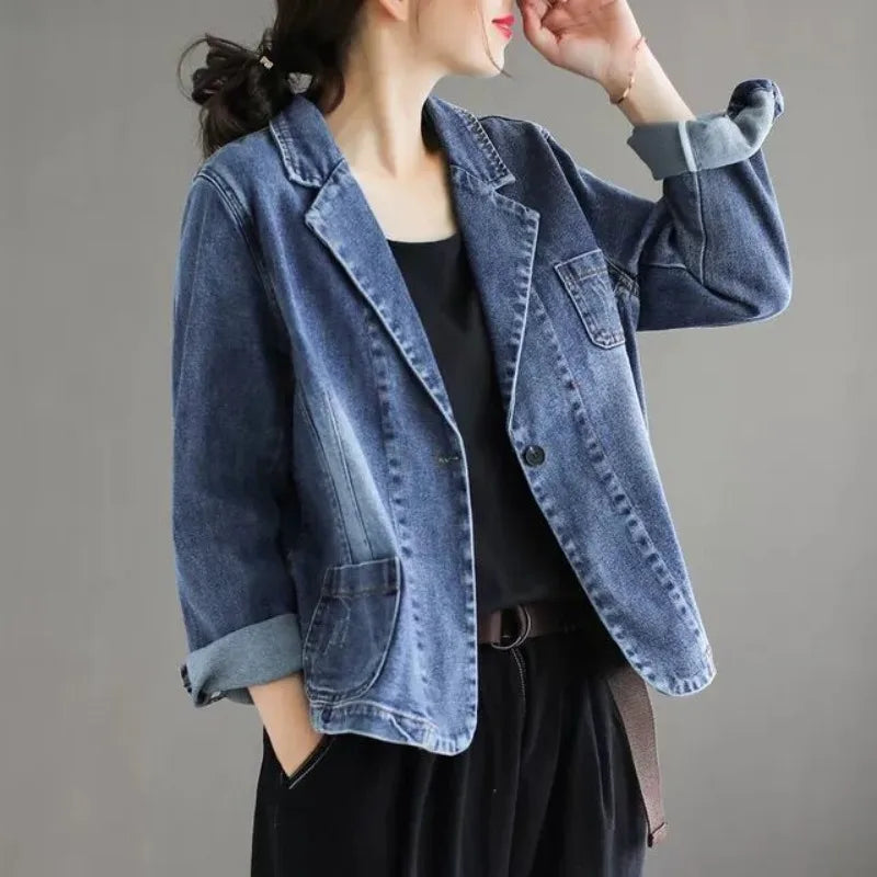 Women's Casual Denim Blazer Loose Fit Notched Lapel Single Button Jean Jacket