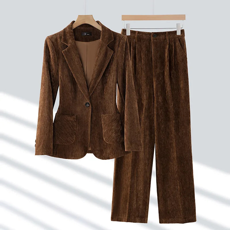 2024 Autumn New Corduroy Elegant Pant Suit Ladies Formal Business Work Wear 2 Piece Set Black Coffee Jacket Blazer And Trouser