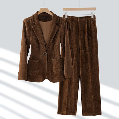 2024 Autumn New Corduroy Elegant Pant Suit Ladies Formal Business Work Wear 2 Piece Set Black Coffee Jacket Blazer And Trouser