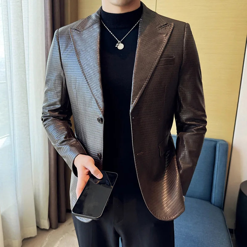 Korean Waffle Leather Suit Jacket Men's Business Casual PU Leather Blazer Slim Fit Wedding Groom Office Social Formal Coats 2026