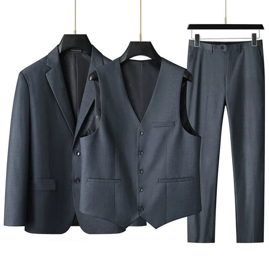 Men's Linen 3-Piece Slim Fit Suit – Blue & Beige | Peak Lapel Wedding Suit