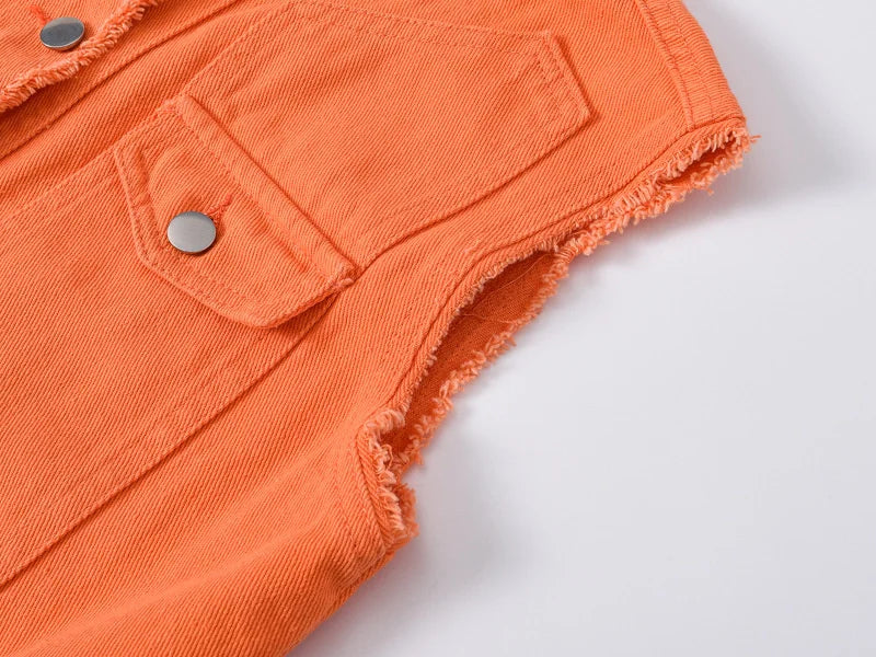 Autumn Women Denim Vests Sleeveless Waistcoat Students Casual Sleeveless Tops Jeans Jackets Pink Yellow White Orange Green 5XL