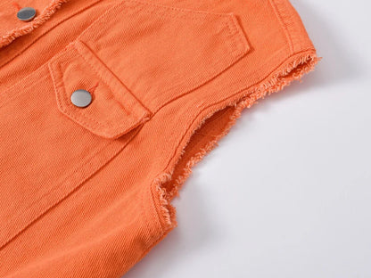 Autumn Women Denim Vests Sleeveless Waistcoat Students Casual Sleeveless Tops Jeans Jackets Pink Yellow White Orange Green 5XL