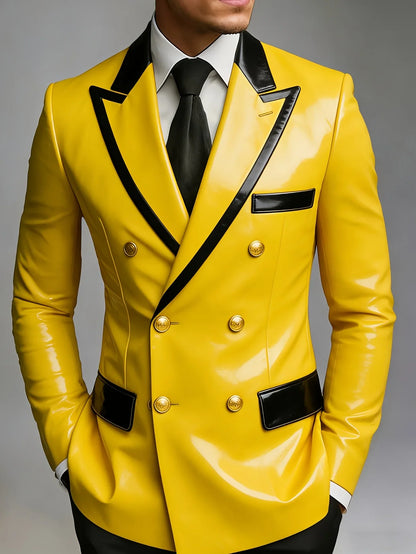 Men Bright Yellow Patent Leather Double Breasted Blazer Black Gloss Lapel Pocket Trim Gold Buttons Slim Fit Stage Party Formal T