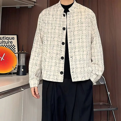 Men's Spring High-End Plaid Blazer Bad Boy Style Cropped Jacket Chinese Stand Collar Suit Outerwear