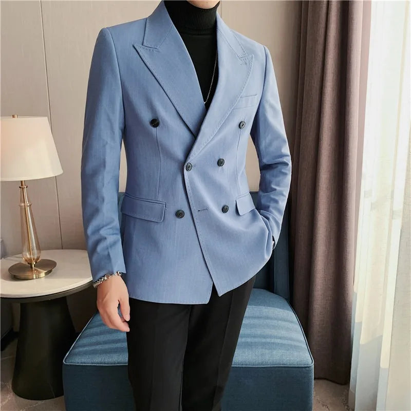High Quality Double Breasted Suit Jacket Men Striped Casual Business Blazer Slim Fit Wedding Groom Office Social Dress Coat