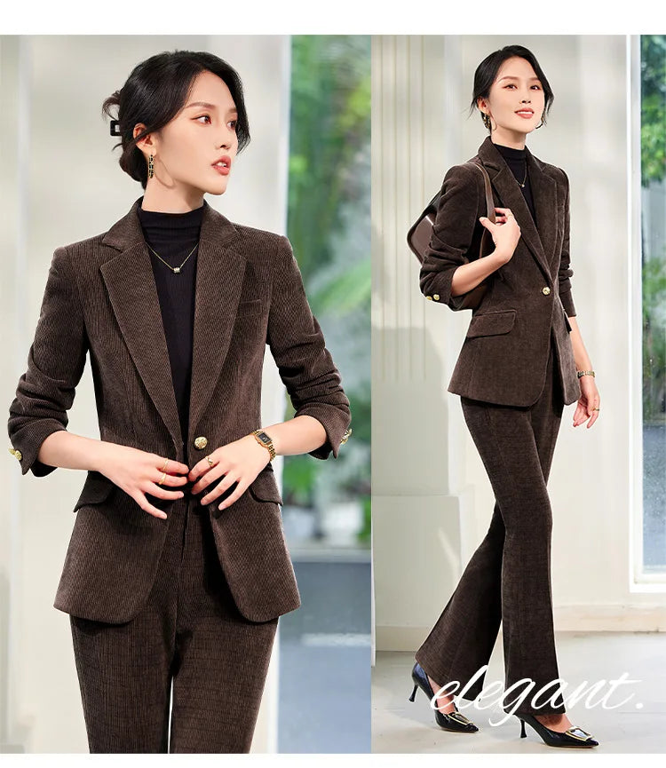 2024 Autumn New Corduroy Elegant Pant Suit Ladies Formal Business Work Wear 2 Piece Set Green Wine Jacket Blazer And Trouser