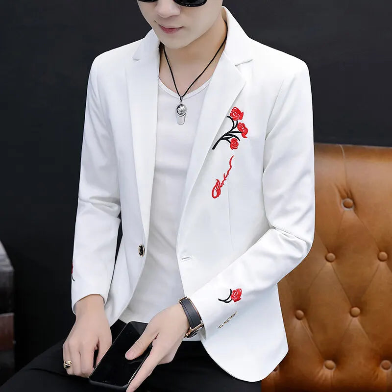 2025 New Korean Flower Embroidered Casual Suit Jacket Men Fashion Slim Fit Hairstylists Social Street Wear Blazers Men Clothing