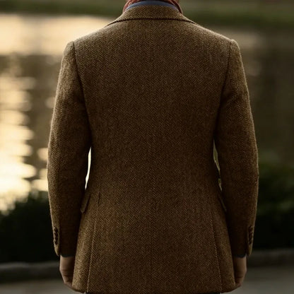Men's Herringbone Tweed Blazer – Wool Blend, Classic British Style, Business & Wedding