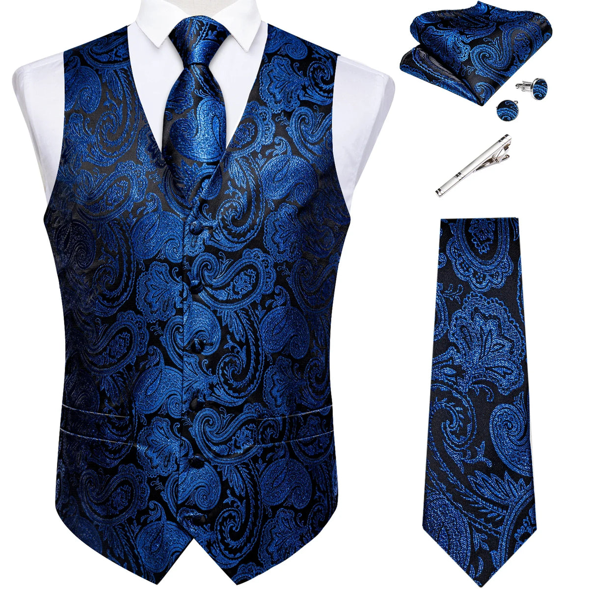 Men's Suit Vest Set with Tie, Handkerchief & Cufflinks for Wedding & Banquet