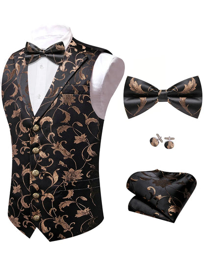 Men's Red Jacquard Floral Vest Notched Lapel Collar – Formal Waistcoat & Bowtie Set