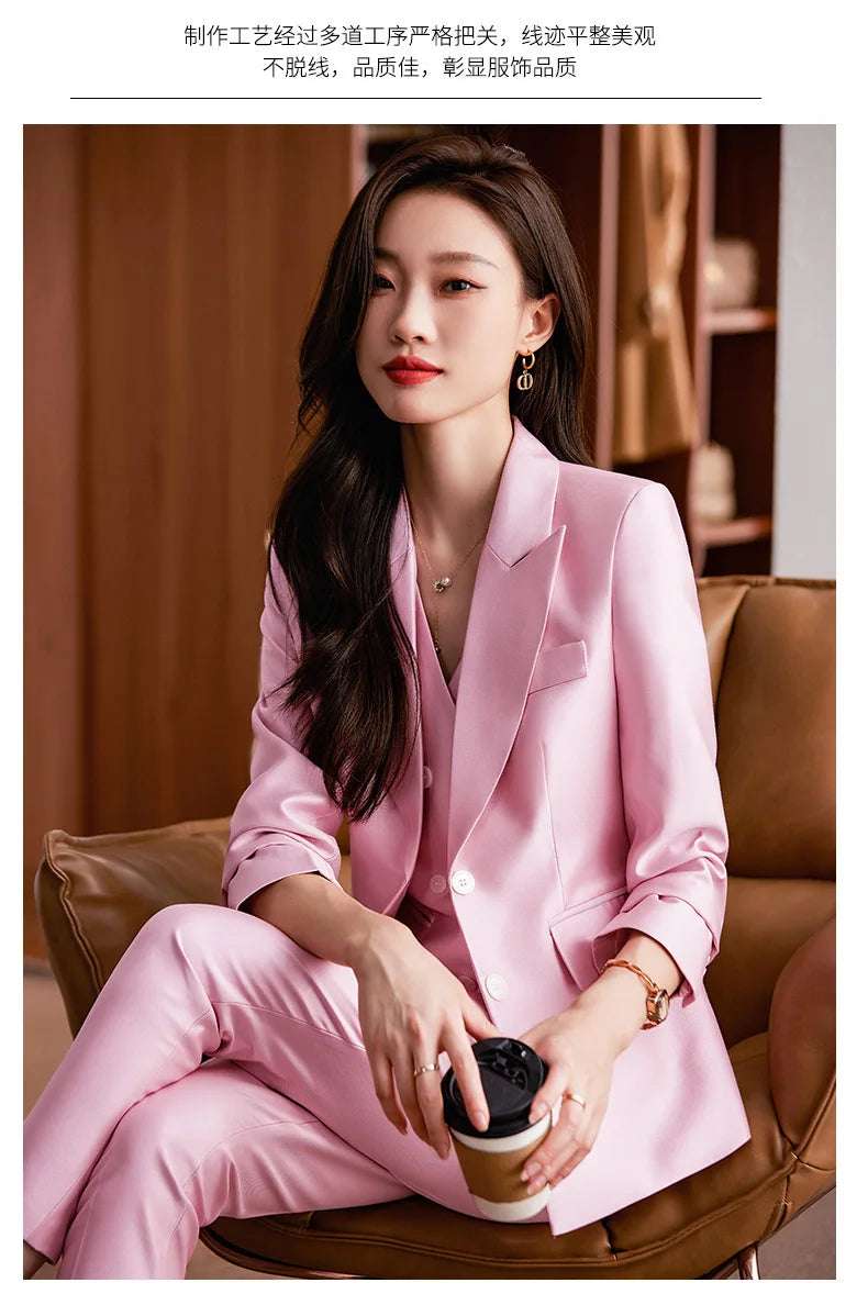 Fashion Elegant Pink High-End Small Business Suit Coat2022Autumn and Winter Elegant Vest Suit Three-Piece Korean Women's Clothin