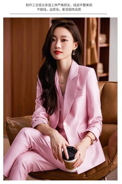 Fashion Elegant Pink High-End Small Business Suit Coat2022Autumn and Winter Elegant Vest Suit Three-Piece Korean Women's Clothin