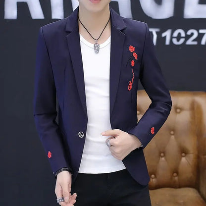 Men's Blazer Single Breasted Slim Fit Suit Jacket Korean Style Casual